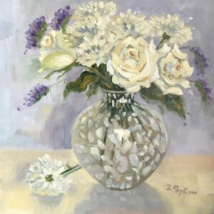 White flowers in patterned vase